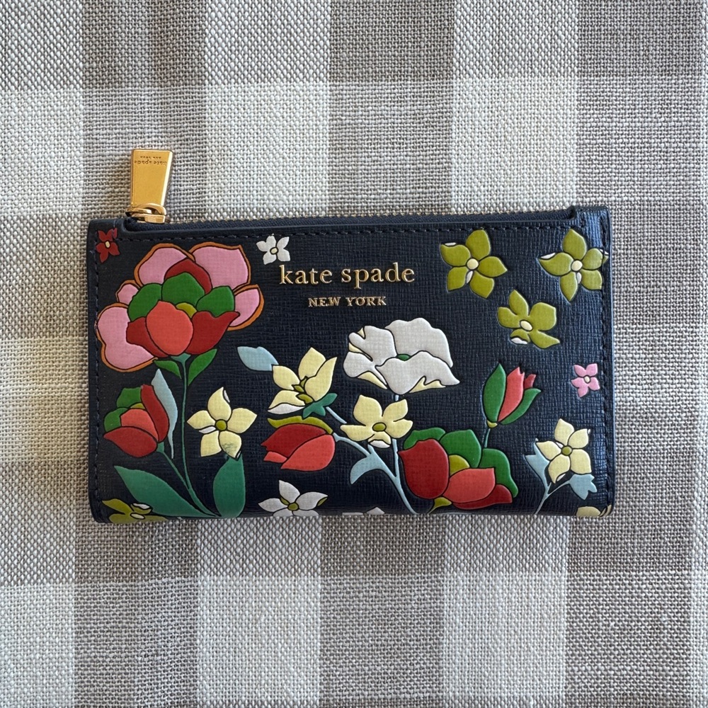 Kate Spade Floral Bifold Wallet Navy Multi Snap Zip Coin Saffiano Leather